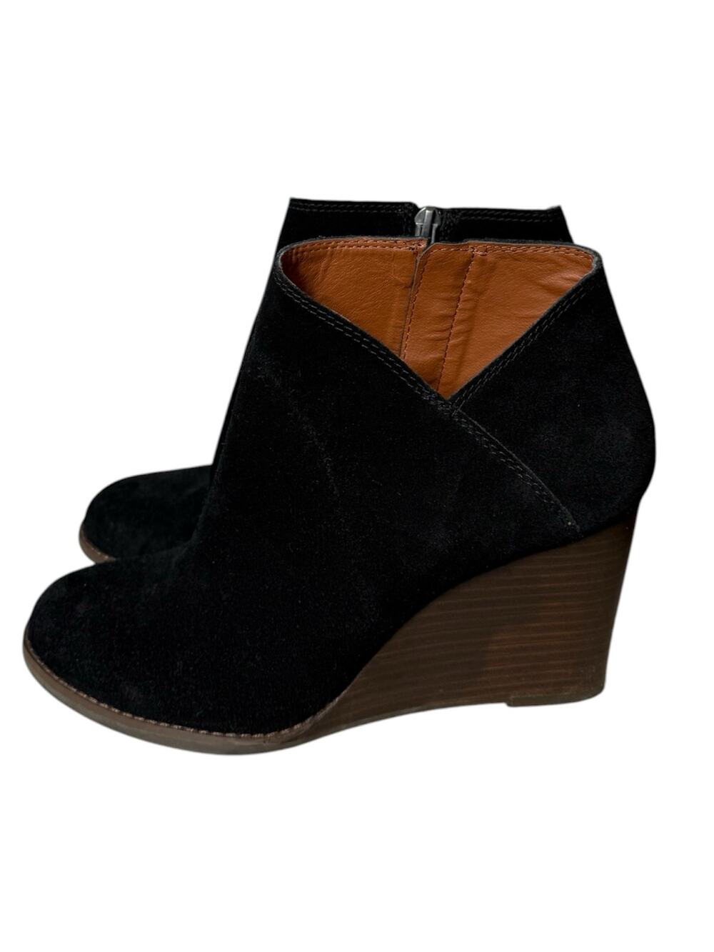 Lucky Brand Yakeena 8.5 Black Suede Leather Ankle Boots EUC Boho Cabin Booties